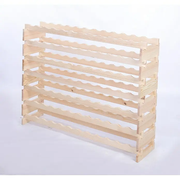 Proregal Flaschenregal Weinregal VINOTECA FLEX PRO für 84 Flaschen - L x B x H: 28 x 123 x 93 cm, Holz, Anzahl Böden: 7 Stk. - Nahaufnahme eines hellen Holzweinregals mit mehreren Regalen zur Aufbewahrung von Weinflaschen.