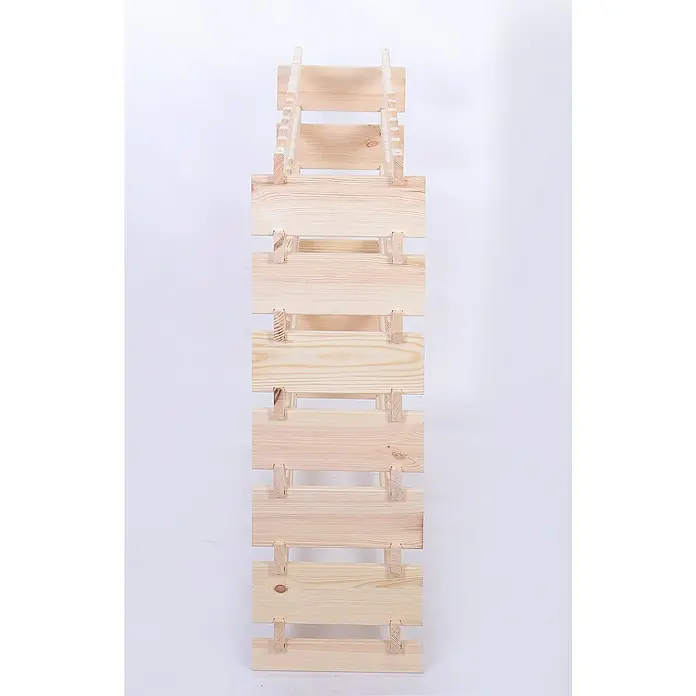 Proregal Flaschenregal Weinregal VINOTECA FLEX PRO für 84 Flaschen - L x B x H: 28 x 123 x 93 cm, Holz, Anzahl Böden: 7 Stk. - Ansicht eines hellen Holzregals mit mehreren Ablagen, die durch kleine Holzstücke verbunden sind, vor einem schlichten weißen Hintergrund.
