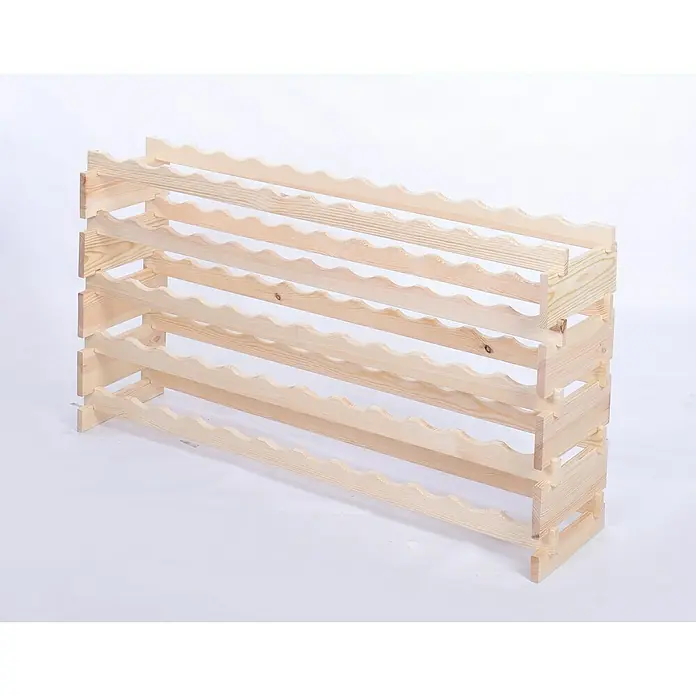 Proregal Flaschenregal Weinregal VINOTECA FLEX PRO für 60 Flaschen - L x B x H: 28 x 123 x 65 cm, Holz, Anzahl Böden: 5 Stk. - Nahaufnahme eines hellen, unbehandelten Weinregals aus Holz mit mehreren Ablagen zur Aufbewahrung von Weinflaschen.