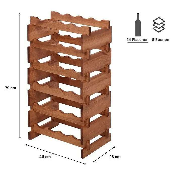 Proregal Flaschenregal Weinregal VINOTECA FLEX PRO für 24 Flaschen - L x B x H: 28 x 46 x 79 cm, Holz, Anzahl Böden: 6 Stk. - Weinregal aus Holz mit 6 Ebenen für 24 Flaschen, Abmessungen: 79 x 46 x 28 cm.