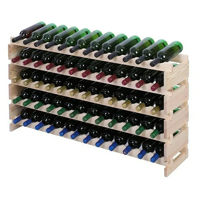 Proregal Flaschenregal Weinregal VINOTECA FLEX PRO für 60 Flaschen - L x B x H: 28 x 123 x 65 cm, Holz, Anzahl Böden: 5 Stk. - Ein Holzweinregal mit mehreren Ebenen, gefüllt mit Weinflaschen in verschiedenen Farben.