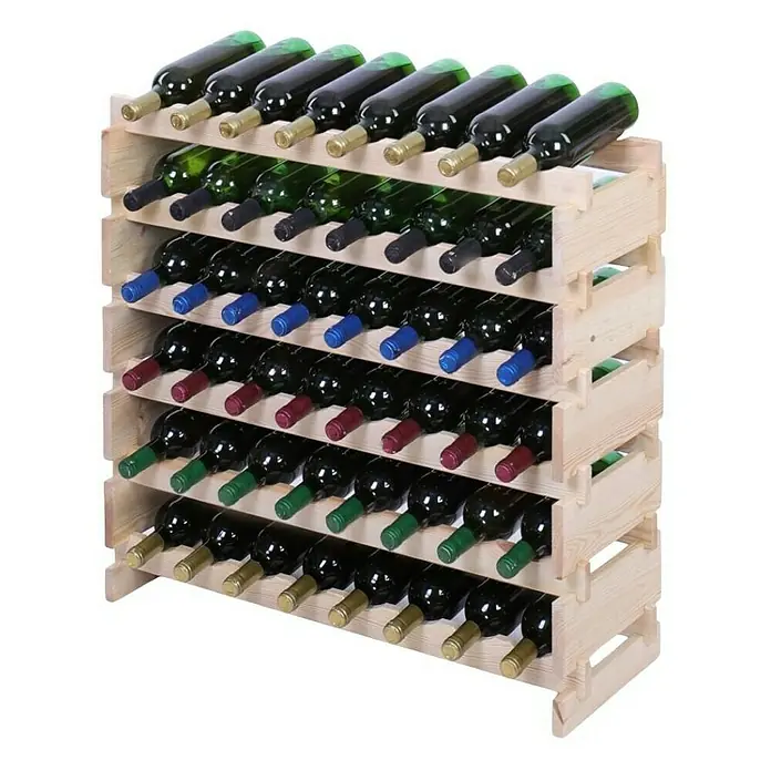 Proregal Flaschenregal Weinregal VINOTECA FLEX PRO für 48 Flaschen - L x B x H: 28 x 84 x 79 cm, Holz, Anzahl Böden: 6 Stk. - Ein Weinregal aus Holz gefüllt mit Weinflaschen unterschiedlicher Sorten, die horizontal in dem Regal angeordnet sind.