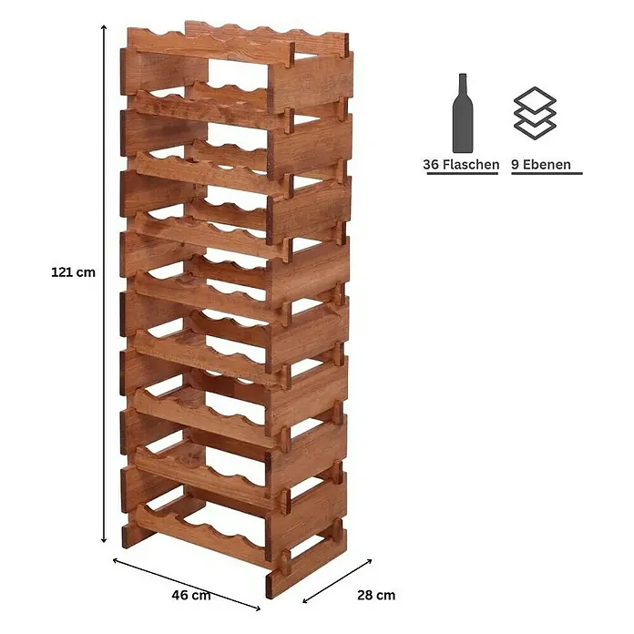 Proregal Flaschenregal Weinregal VINOTECA FLEX PRO für 36 Flaschen - L x B x H: 28 x 46 x 121 cm, Holz, Anzahl Böden: 9 Stk. - Weinständer aus Holz mit 9 Ebenen für 36 Flaschen, 121 cm hoch. Ideal für die stilvolle Lagerung Ihrer Weinsammlung.