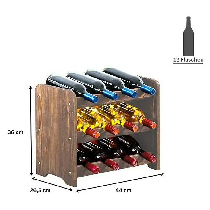 Proregal Flaschenregal Weinregal PINOTWINE C für 12 Flaschen - Holz - Bild eines Weinregals aus Holz mit drei Ebenen, gefüllt mit Weinflaschen. Das Regal bietet Platz für 12 Flaschen und hat eine warme Holzfarbe.