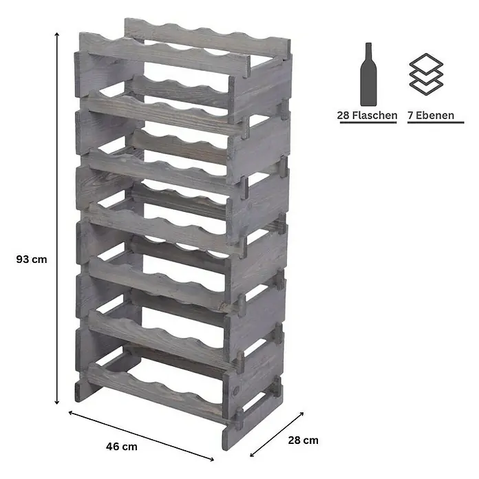 Proregal Flaschenregal Weinregal VINOTECA FLEX PRO für 28 Flaschen - L x B x H: 28 x 46 x 93 cm, Holz, Anzahl Böden: 7 Stk. - Holz Weinregal für 28 Flaschen. Das Regal hat 7 Ebenen und ist 93cm hoch, 46cm breit und 28cm tief.