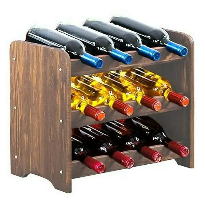 Proregal Flaschenregal Weinregal PINOTWINE C für 12 Flaschen - Holz - Weinflaschenregal aus Holz mit verschiedenen Weinsorten, die horizontal gelagert werden. Das Regal hat drei Ebenen und ist rustikal gestaltet.