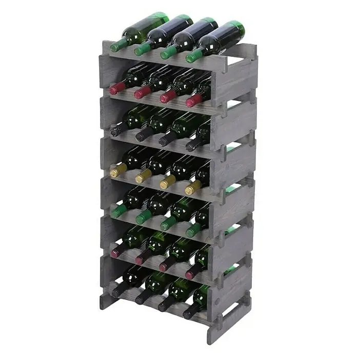 Proregal Flaschenregal Weinregal VINOTECA FLEX PRO für 28 Flaschen - L x B x H: 28 x 46 x 93 cm, Holz, Anzahl Böden: 7 Stk. - Weinregal aus Holz mit mehreren Ebenen zur stilvollen Aufbewahrung von Weinflaschen. Das Regal ist grau und voll mit Weinflaschen.