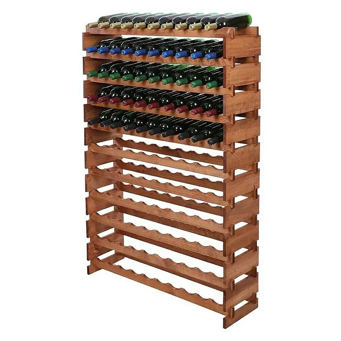 Proregal Flaschenregal Weinregal VINOTECA FLEX PRO für 110 Flaschen - L x B x H: 28 x 103 x 149 cm, Holz - Dieses Bild zeigt ein hohes, freistehendes Weinregal aus Holz mit mehreren gefüllten und leeren Regalen.