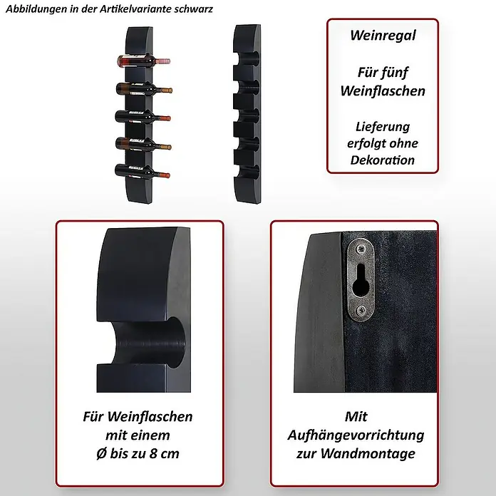 Berlinlodge Flaschenregal Weinregal für 5 Flaschen - L x B x H: 9 x 13 x 99 cm, Holz - Abbildungen eines schwarzen Weinregals für fünf Flaschen, mit Details zu Flaschengrößen und Wandmontage.