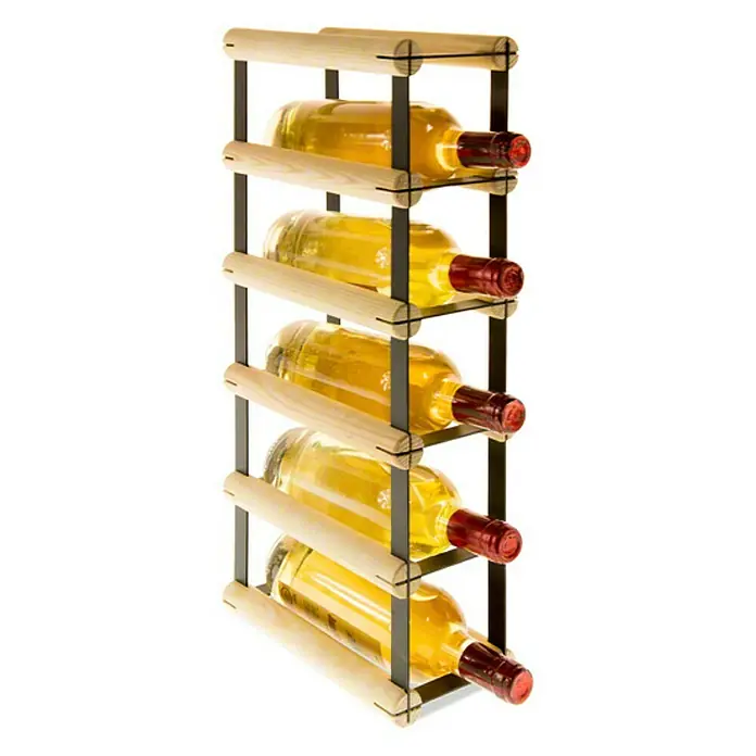 Proregal Flaschenregal Modulares Weinregal VINOTECA MOD METAL für 1x5 Flaschen - L x B x H: 24,5 x 12,5 x 52,5 cm, Holz - Ein Weinregal aus Holz und Metall mit fünf Flaschen Weißwein. Das Regal ist hell und die Weinflaschen sind golden.