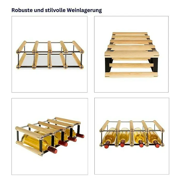 Proregal Flaschenregal Modulares Weinregal VINOTECA MOD METAL für 4x1 Flaschen - Holz - Robuste und stilvolle Weinlagerung. Ein Weinregal aus Holz und Metall für 4 Flaschen, in verschiedenen Ansichten, ideal für die Weinaufbewahrung.