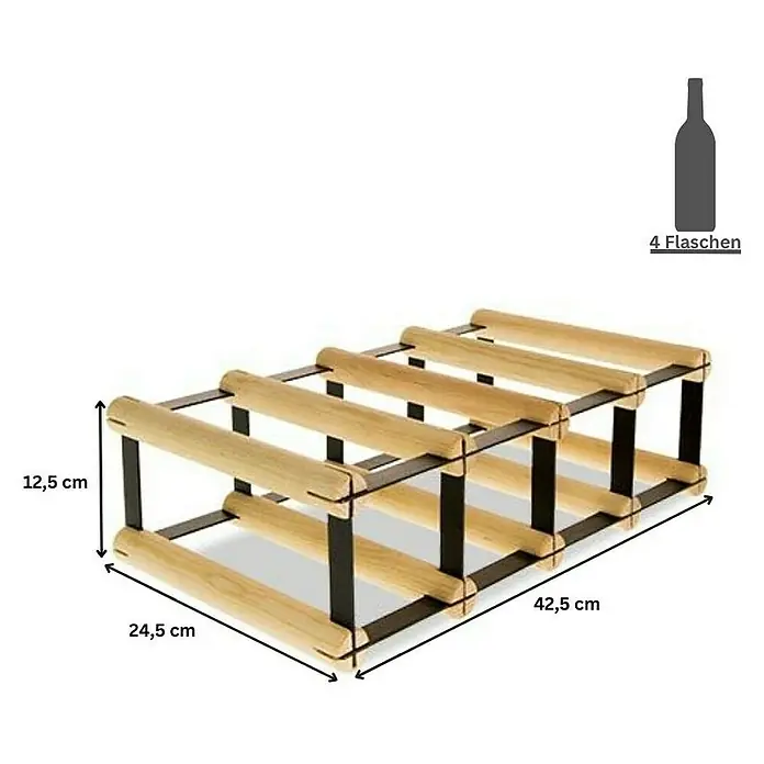Proregal Flaschenregal Modulares Weinregal VINOTECA MOD METAL für 4x1 Flaschen - Holz - Produktabbildung eines Weinregals für 4 Flaschen, mit Maßangaben für Höhe, Breite und Tiefe.