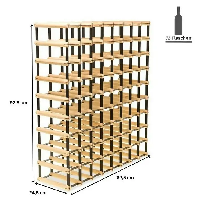 Proregal Flaschenregal Modulares Weinregal VINOTECA MOD METAL für 8x9 Flaschen - L x B x H: 24,5 x 82,5 x 92,5 cm, Holz - Abbildung eines Weinregals aus Holz für 72 Flaschen, mit den Maßen 92,5 x 82,5 x 24,5 cm.