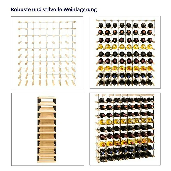 Proregal Flaschenregal Modulares Weinregal VINOTECA MOD METAL für 8x9 Flaschen - L x B x H: 24,5 x 82,5 x 92,5 cm, Holz - Robuste Weinlagerung. Das Bild zeigt verschiedene Ansichten eines Weinregals aus Holz, teils leer und teils mit Weinflaschen bestückt.