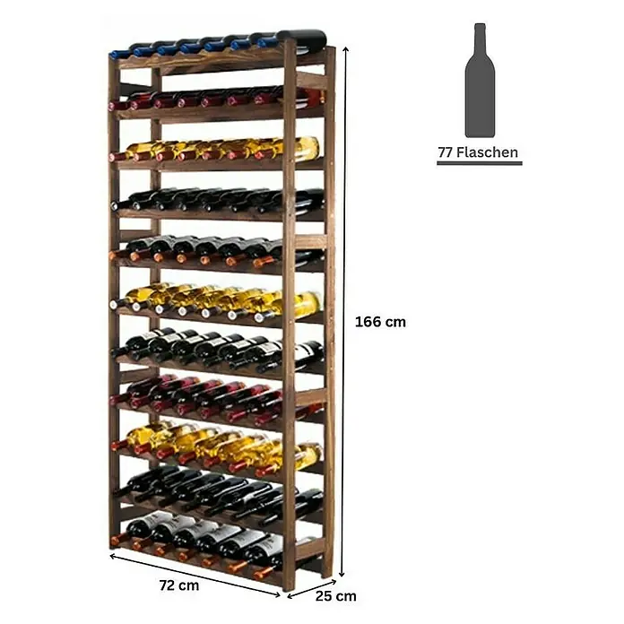 Proregal Flaschenregal Weinregal PINOTWINE für 77 Flaschen - L x B x H: 25 x 72 x 166 cm, Holz - Weinflaschenregal aus Holz mit 77 Flaschenkapazität und Maßangaben.