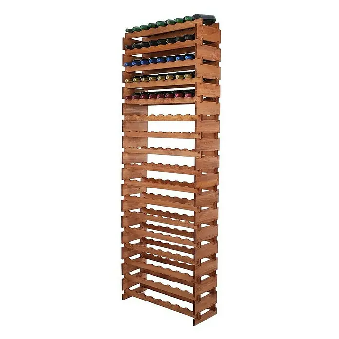 Proregal Flaschenregal Weinregal VINOTECA FLEX PRO für 136 Flaschen - L x B x H: 28 x 84 x 233 cm, Holz, Anzahl Böden: 17 Stk. - Ein hoher, freistehender Weinflaschenhalter aus Holz, der mit verschiedenen Flaschen gefüllt ist, bietet eine stilvolle Aufbewahrungslösung.