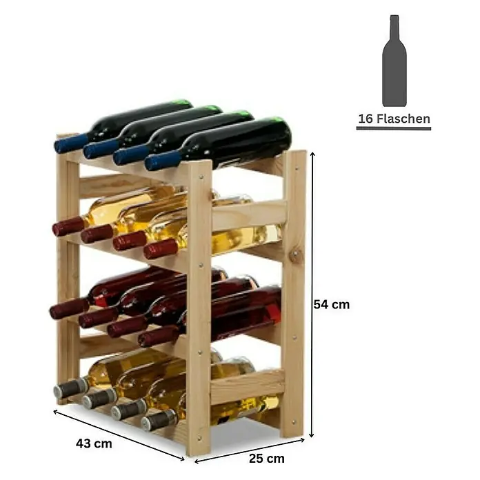 Proregal Flaschenregal Weinregal PINOTWINE für 16 Flaschen - L x B x H: 25 x 43 x 54 cm, Holz - Bild eines Weinregals aus Holz mit vier Ebenen und den Maßen 54 cm Höhe, 43 cm Breite und 25 cm Tiefe. Das Regal bietet Platz für 16 Flaschen.