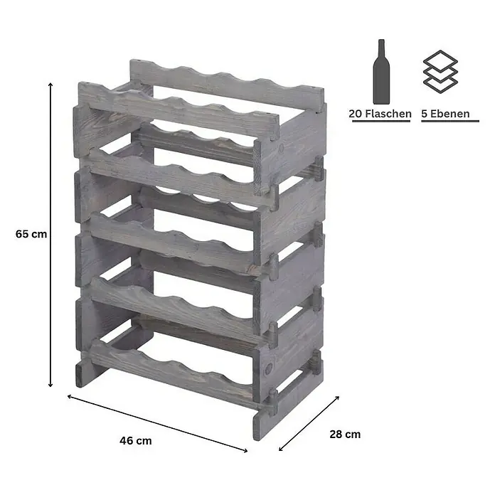 Proregal Flaschenregal Weinregal VINOTECA FLEX PRO für 20 Flaschen - L x B x H: 28 x 46 x 65 cm, Holz, Anzahl Böden: 5 Stk. - Graues, rustikales Weinregal aus Holz für 20 Flaschen auf 5 Ebenen, Abmessungen 65x46x28 cm, ideal zur stilvollen Weinlagerung.
