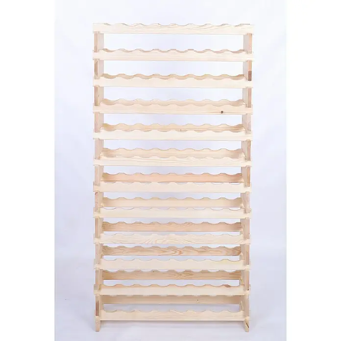 Proregal Flaschenregal Weinregal VINOTECA FLEX PRO für 96 Flaschen - L x B x H: 28 x 84 x 163 cm, Holz, Anzahl Böden: 12 Stk. - Dieses Foto zeigt ein unbehandeltes Holzweinregal mit mehreren Ablagen und einer wellenförmigen Oberseite für die Weinflaschen.