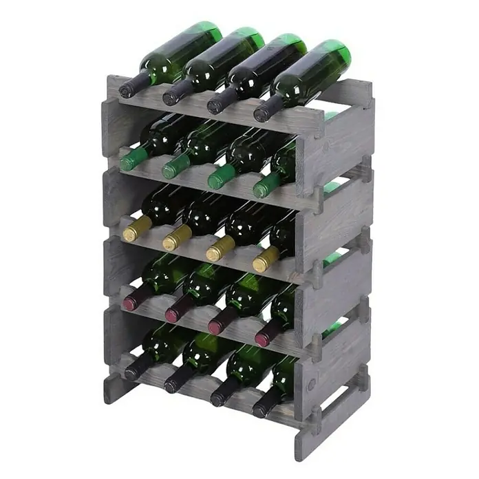 Proregal Flaschenregal Weinregal VINOTECA FLEX PRO für 20 Flaschen - L x B x H: 28 x 46 x 65 cm, Holz, Anzahl Böden: 5 Stk. - Ein graues Holzweinregal mit mehreren Ebenen zeigt eine Sammlung grüner und roter Weinflaschen, die horizontal gelagert werden.