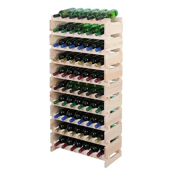 Proregal Flaschenregal Weinregal VINOTECA FLEX PRO für 60 Flaschen - Holz, Anzahl Böden: 10 Stk. - Holz-Weinregal zur Aufbewahrung von Weinflaschen. Das Regal ist mit Weinflaschen gefüllt, die in verschiedenen Farben und Größen erhältlich sind.