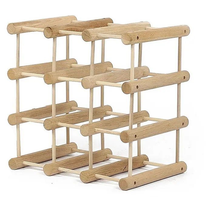 Proregal Flaschenregal Modulares Weinregal VINOTECA MOD für 2x 9 Flaschen - Holz - Das Bild zeigt ein helles Holzweinregal für neun Flaschen, das mit einer einfachen Konstruktion aus Stäben und Rundhölzern gefertigt ist.