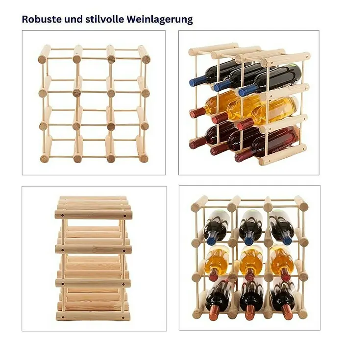 Proregal Flaschenregal Modulares Weinregal VINOTECA MOD für 2x 9 Flaschen - Holz - Robuste Weinregale aus Holz, ideal für stilvolle Weinlagerung. Die Regale sind leer und mit Weinflaschen gefüllt.