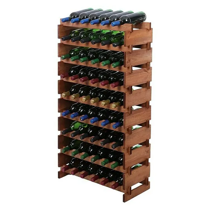 Proregal Flaschenregal Weinregal VINOTECA FLEX PRO für 54 Flaschen - L x B x H: 28 x 65 x 121 cm, Holz, Anzahl Böden: 9 Stk. - Weinständer aus Holz mit mehreren Ebenen und gefüllten Weinflaschen in verschiedenen Farben für eine stilvolle Weinlagerung.