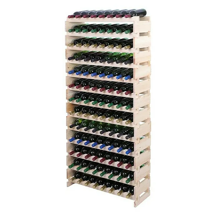 Proregal Flaschenregal Weinregal VINOTECA FLEX PRO für 104 Flaschen - L x B x H: 28 x 84 x 177 cm, Holz, Anzahl Böden: 13 Stk. - Ein volles Weinregal aus hellem Holz mit mehreren Ebenen, das eine Vielzahl von Weinflaschen mit farbigen Verschlüssen präsentiert.