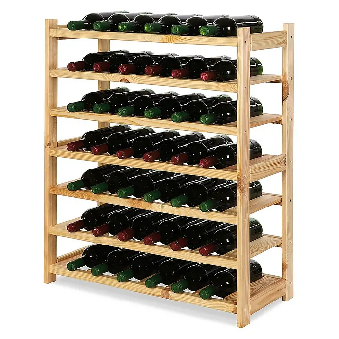 Proregal Flaschenregal Weinregal SPREEWALD für 42 Flaschen - L x B x H: 33 x 70 x 86 cm, Holz, Anzahl Böden: 7 Stk. - Holz-Weinregal mit sieben Ablagen, gefüllt mit Weinflaschen. Das Regal bietet stilvolle Aufbewahrung für Weinliebhaber und passt gut in jedes Ambiente.
