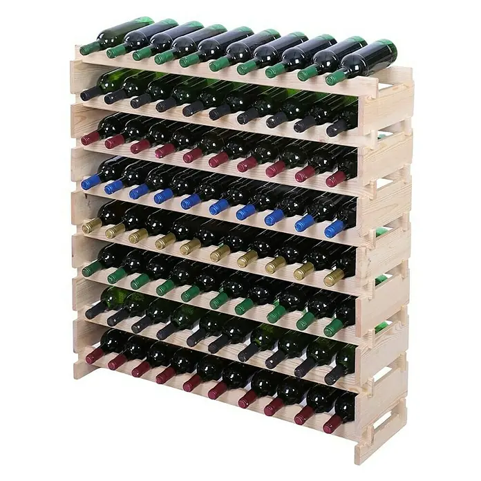 Proregal Flaschenregal Weinregal VINOTECA FLEX PRO für 80 Flaschen - L x B x H: 28 x 103 x 107 cm, Holz, Anzahl Böden: 8 Stk. - Weinregal aus Holz mit vielen Weinflaschen in verschiedenen Farben, die auf dem Regal gestapelt sind.