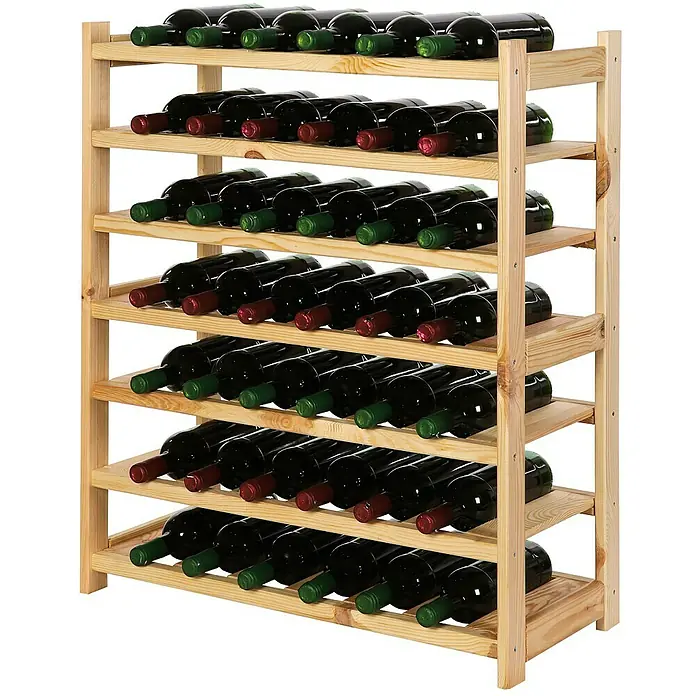 Proregal Flaschenregal Weinregal SPREEWALD für 42 Flaschen - L x B x H: 33 x 70 x 86 cm, Holz, Anzahl Böden: 7 Stk. - Ein hölzernes Weinregal mit sieben Ablagen, gefüllt mit Weinflaschen, präsentiert eine stilvolle Aufbewahrungslösung für Weinliebhaber.
