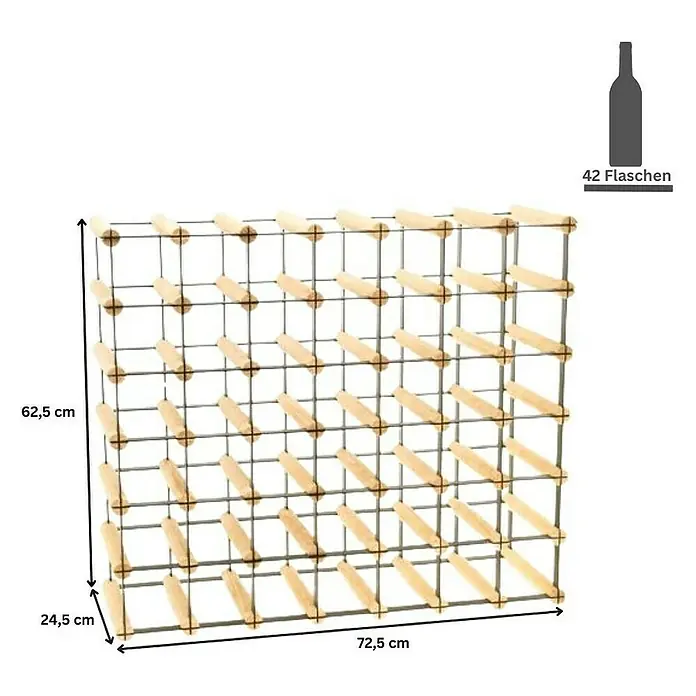 Proregal Flaschenregal Modulares Weinregal VINOTECA MOD METAL für 7x6 Flaschen - Holz - Produktfoto eines Weinregals für 42 Flaschen. Das Regal ist aus Holz und Metall gefertigt und hat die Maße 62,5 x 72,5 x 24,5 cm.