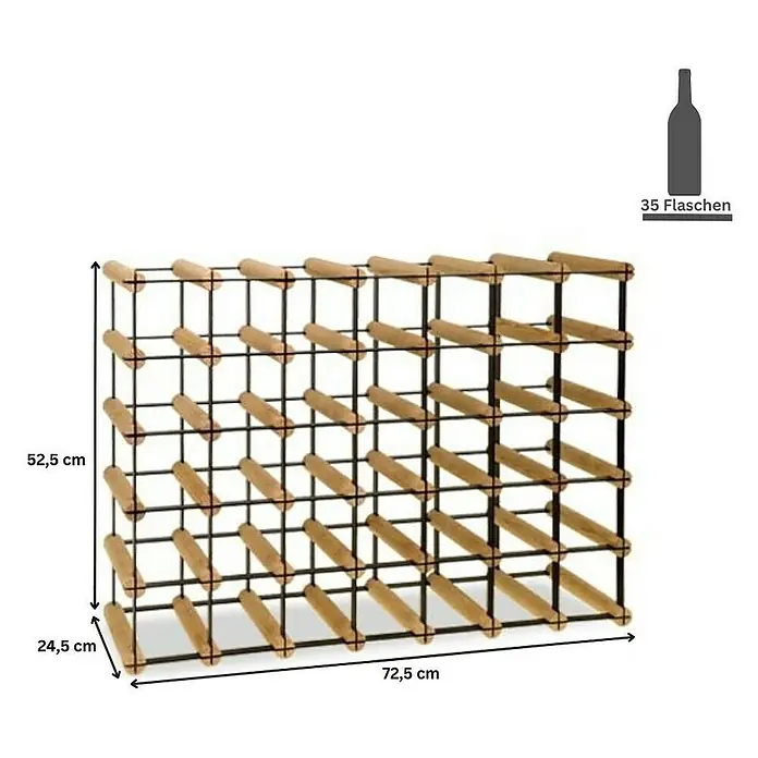Proregal Flaschenregal Modulares Weinregal VINOTECA MOD METAL für 7x5 Flaschen - Holz - Abbildung eines Weinregals aus Holz und Metall mit den Maßen 72,5 cm x 24,5 cm x 52,5 cm, das 35 Flaschen fasst.