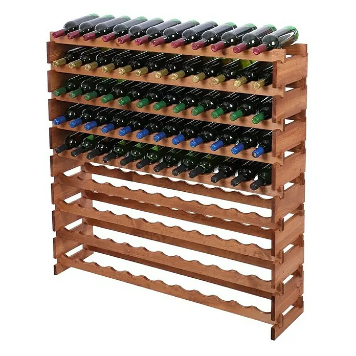 Proregal Flaschenregal Weinregal VINOTECA FLEX PRO für 108 Flaschen - L x B x H: 28 x 123 x 121 cm, Holz, Anzahl Böden: 9 Stk. - Ein Weinregal aus Holz, gefüllt mit zahlreichen Weinflaschen mit farbigen Verschlüssen, ideal zur Lagerung und Präsentation.