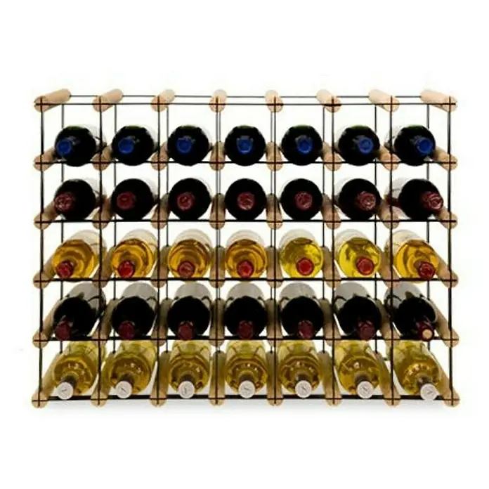 Proregal Flaschenregal Modulares Weinregal VINOTECA MOD METAL für 7x5 Flaschen - Holz - Ein Weinregal aus Holz und Metall, gefüllt mit verschiedenen Weinsorten, bietet eine stilvolle Aufbewahrungslösung.