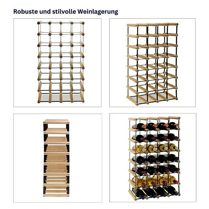 Proregal Flaschenregal Modulares Weinregal VINOTECA MOD METAL für 4x7 Flaschen - L x B x H: 24,5 x 42,5 x 72,5 cm, Holz - Robuste und stilvolle Weinlagerung. Präsentiert ein Weinregal aus Holz in verschiedenen Ansichten, teils mit Flaschen gefüllt.