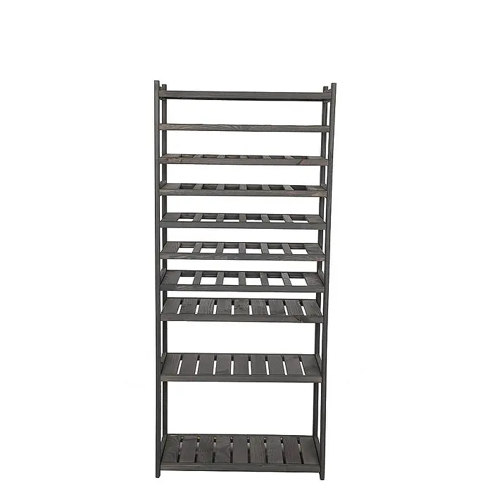 Proregal Flaschenregal Weinregal SPREEWALD für 36 Flaschen - L x B x H: 33 x 70 x 163 cm, Holz - Ein graues Holzregal mit mehreren Ebenen, ideal für die Aufbewahrung von Wein oder Pflanzen. Es bietet praktische Ablageflächen.