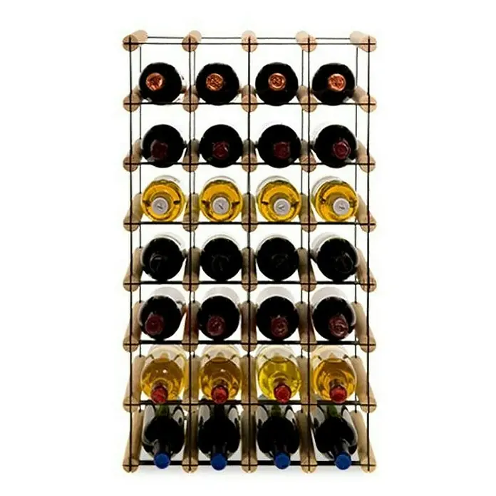 Proregal Flaschenregal Modulares Weinregal VINOTECA MOD METAL für 4x7 Flaschen - L x B x H: 24,5 x 42,5 x 72,5 cm, Holz - Das Bild zeigt ein Weinregal aus Holz und Metall, gefüllt mit verschiedenen Weinflaschen, die horizontal gelagert werden.