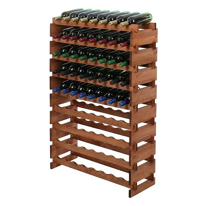 Proregal Flaschenregal Weinregal VINOTECA FLEX PRO für 72 Flaschen - L x B x H: 28 x 84 x 121 cm, Holz, Anzahl Böden: 9 Stk. - Ein Holzweinregal mit mehreren Ablagen, die mit Weinflaschen gefüllt sind. Ideal für die Lagerung von Weinflaschen im Haus.
