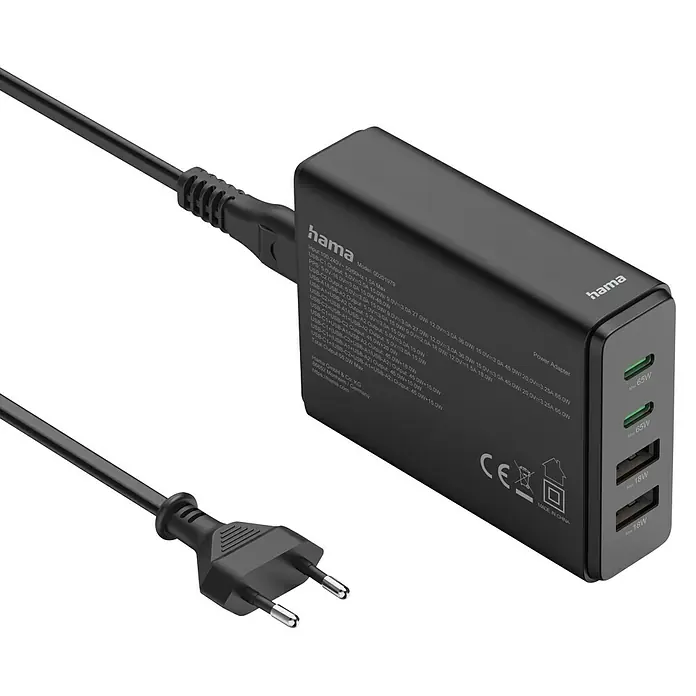 Hama Ladestation 00201979 2 x USB-C, 2 x USB-A - Schwarz - Hama-Netzteil mit mehreren Anschlüssen zum Aufladen verschiedener Geräte gleichzeitig.