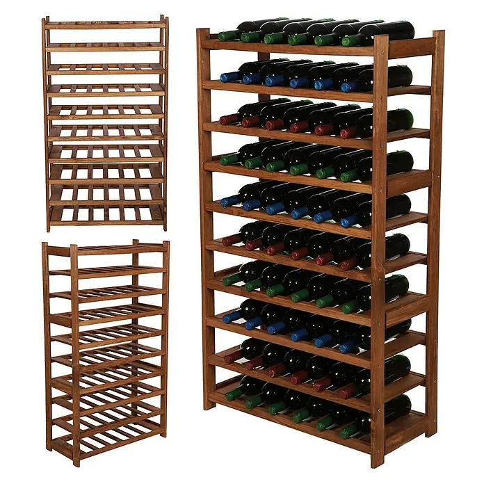 Proregal Flaschenregal Weinregal SPREEWALD für 60 Flaschen - Holz, Anzahl Böden: 10 Stk. - Weinflaschenregale aus Holz in verschiedenen Größen, eines davon gefüllt mit Weinflaschen.