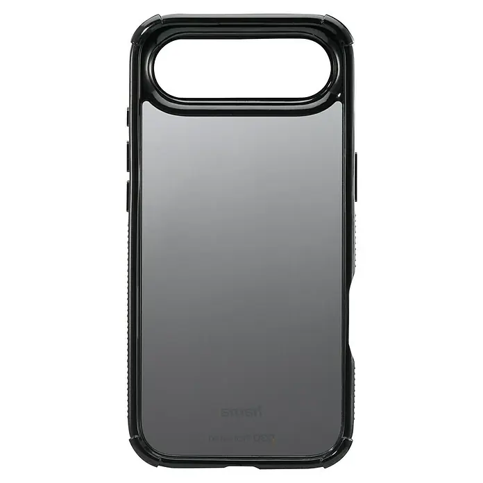 Hama Handyhülle Extreme Protect - iPhone Air, Schwarz - Das Bild zeigt eine durchsichtige Smartphone-Hülle mit einem robusten, schwarzen Rahmen, die das Gerät schützt und gleichzeitig das Design hervorhebt.