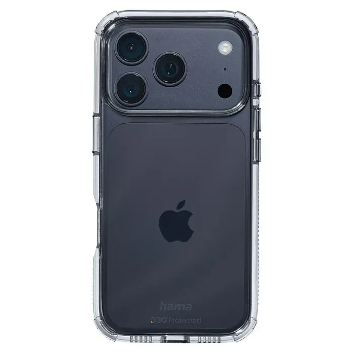 Hama Handyhülle Extreme Protect - iPhone 17 Pro, Durchsichtig - Das Bild zeigt eine iPhone-Hülle von Hama, die das Telefon vor Stößen schützt. Sie ist transparent und verfügt über verstärkte Ecken für zusätzlichen Schutz.