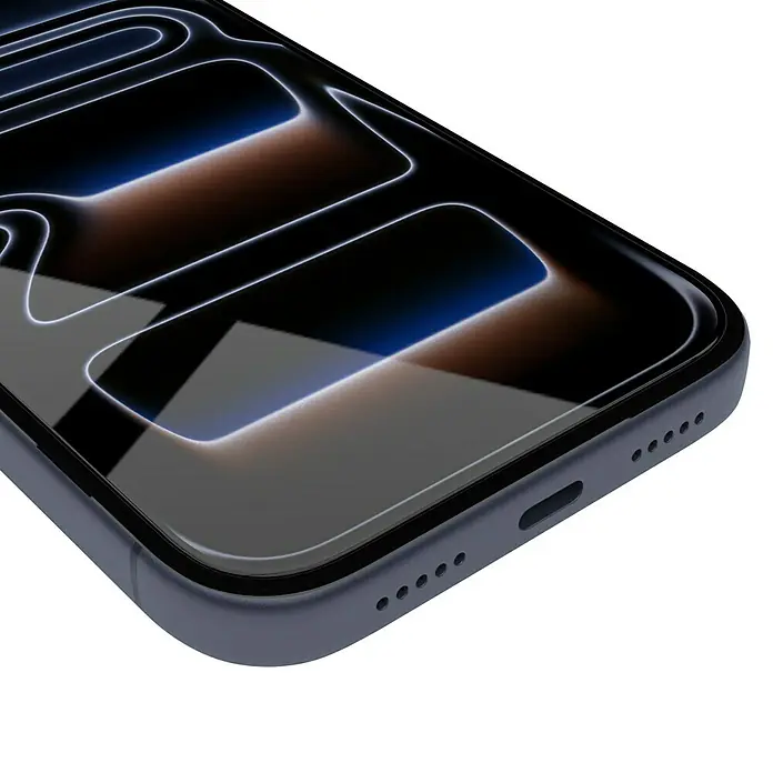 Hama Handy-Schutzglas Extreme Protect - iPhone 17 Pro - Nahaufnahme eines Smartphones mit glänzendem Bildschirm und seitlichen Anschlüssen, Fokus auf Design und Technologie.