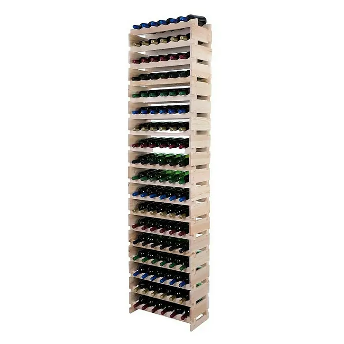 Proregal Flaschenregal Weinregal VINOTECA FLEX PRO für 108 Flaschen - L x B x H: 28 x 65 x 247 cm, Holz, Anzahl Böden: 18 Stk. - Ein hoher, schmaler Weinregal aus hellem Holz, gefüllt mit einer Vielzahl von Weinflaschen in verschiedenen Farben und Sorten.