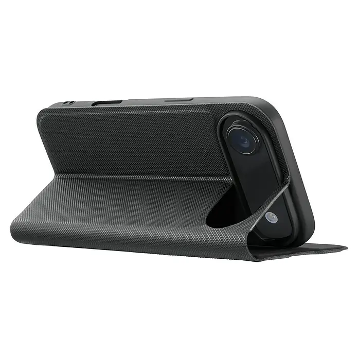 Hama Handyhülle klappbar - iPhone Air, Schwarz - Nahaufnahme einer schwarzen Handyhülle im Folio-Stil, die Schutz und Funktionalität für Ihr Mobilgerät bietet.