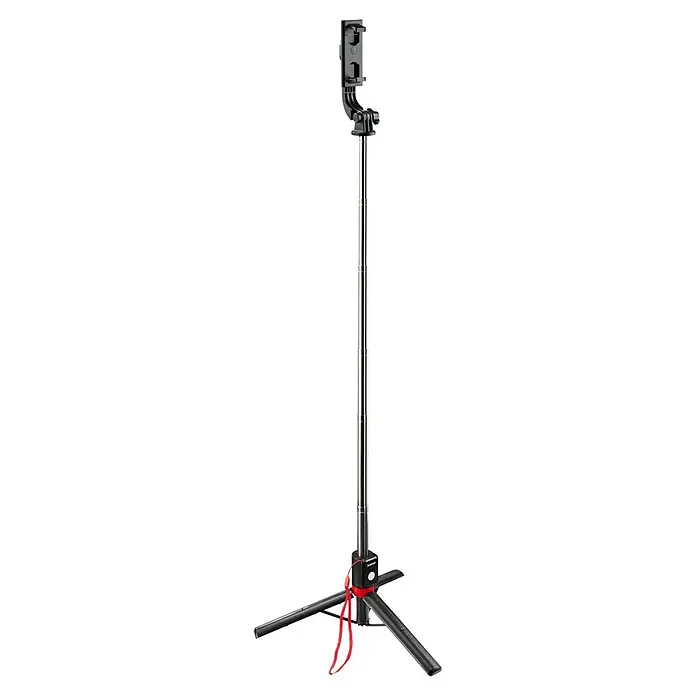 Hama Handyhalter Selfie-Stick-Stativ Fancy Stand 110 II Bluetooth Fernauslöser 00004671 - Kunststoff, Schwarz - Ein ausziehbarer Hama Selfie-Stick mit schwarzem Dreibeinstativ und roter Handschlaufe, ideal für Selfies und Gruppenaufnahmen.