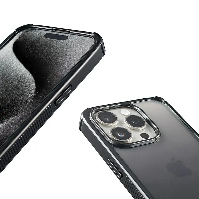 Hama Handyhülle Extreme Protect - iPhone 16 Pro, Schwarz - Nahaufnahme eines schwarzen iPhone 14 Pro Max mit robuster Schutzhülle, die Design und Sicherheit vereint.