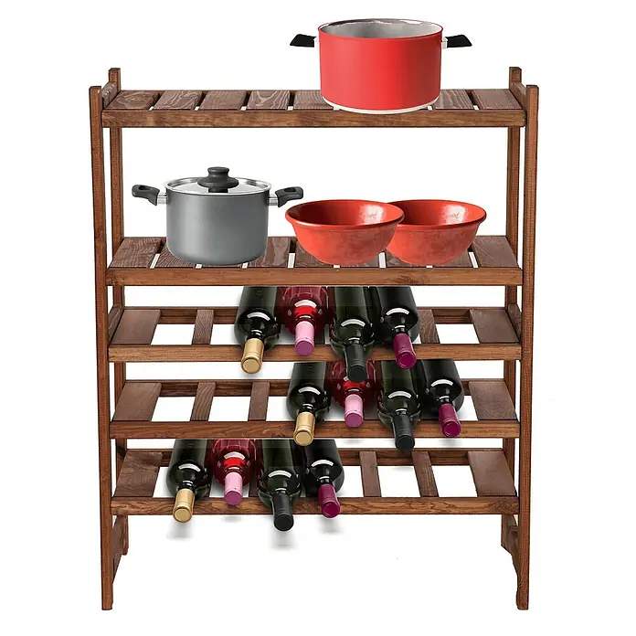 Proregal Flaschenregal Weinregal SPREEWALD für 18 Flaschen - Holz - Aufnahme eines vierstöckigen Weinregals mit Töpfen und Schüsseln auf den oberen Regalen.